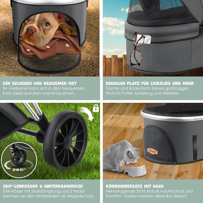 Візок для собак 3в1: візок-переноска, сумка-переноска, лежанка. До 20 кг, великі колеса, сітчасті вікна, дощовик, тримач для напоїв, м'яка ковдра. Підходить для собак та котів, колір антрацит.