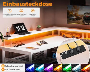 Геймерський стіл ODK з LED-підсвіткою, кутовий, реверсивний, 2 розетки та 2 USB-порти, велика біла модель 168×120 см, з сітчастою полицею