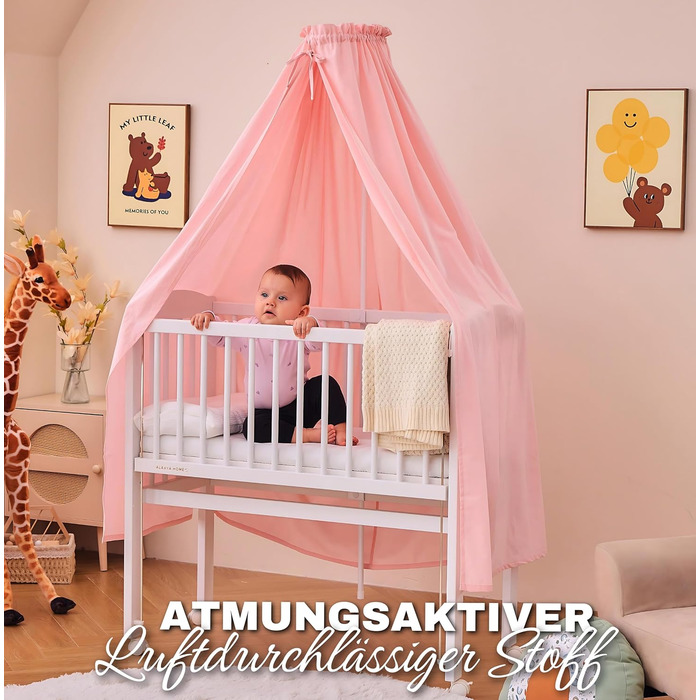 Балдахін для дитячого ліжечка ALAVYA HOME, рожевий, 100% органічна бавовна, GOTS, з тримачем, москітна сітка, 150x240 см