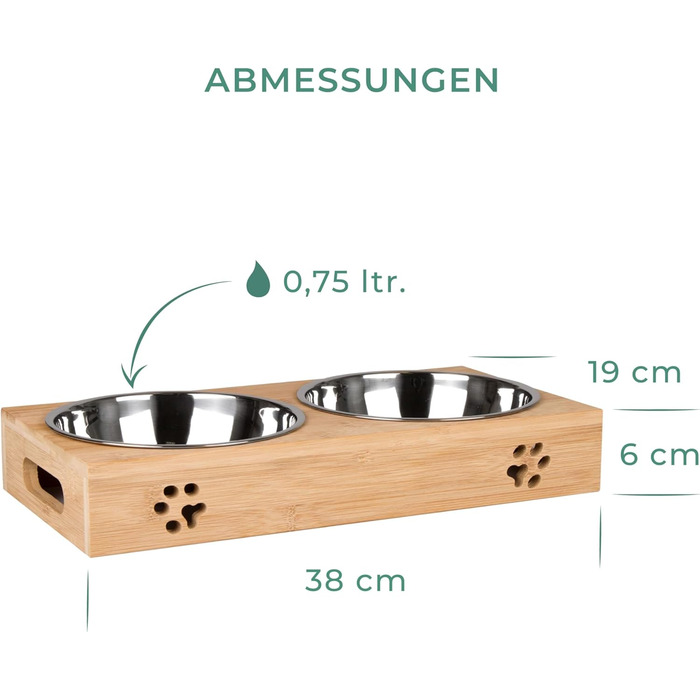 Станція для годування домашніх тварин LAUBLUST - підставка для мисок з бамбука, 2 нержавіючі миски | для собак та котів (38 x 19 x 6 см)