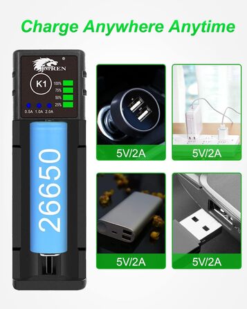 Зарядний пристрій IMREN 18650 з 4 слотами, 2A, USB-C, для акумуляторів 3.7V Li-Ion 18350 14500 14650 17500 18700 20700 21700 22650 26650 1.2V NI-MH/NI-Cd AA AAA C