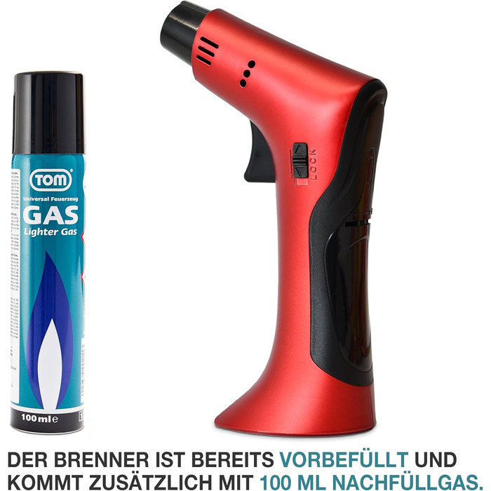 Набір газового пальника TOM Flambierbrenner Jetflame (Червоний) з балоном бутану, професійний кулінарний пальник з замком безпеки для кухні, кемпінгу та майстерні
