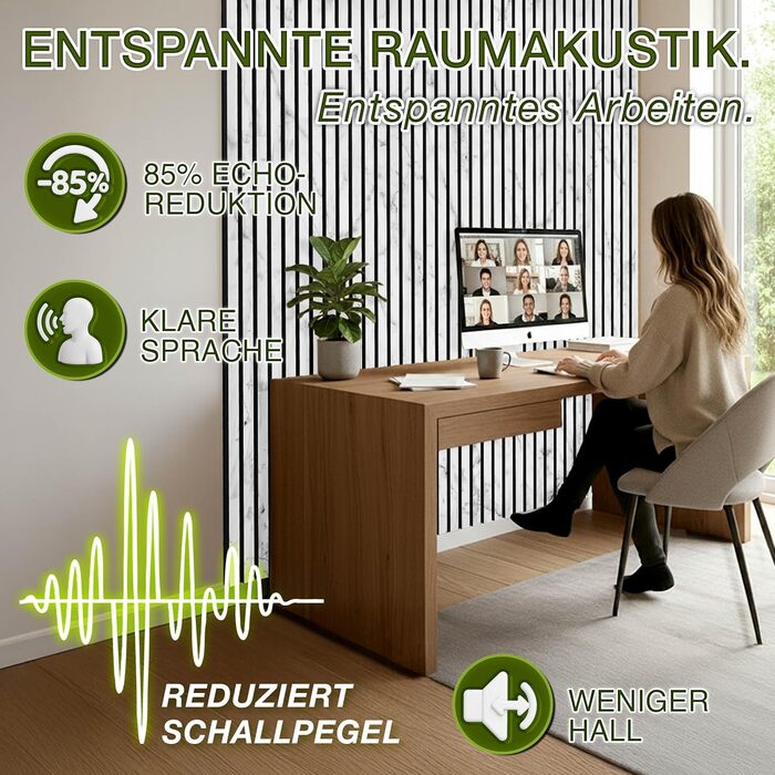 Акустичні настінні панелі TRESKO з дерева 120×60x2,1 см, 2 шт. — 3D ламельна стіна для шумоізоляції, колір Білий/Мармур, з набором для монтажу та 4 вішаками