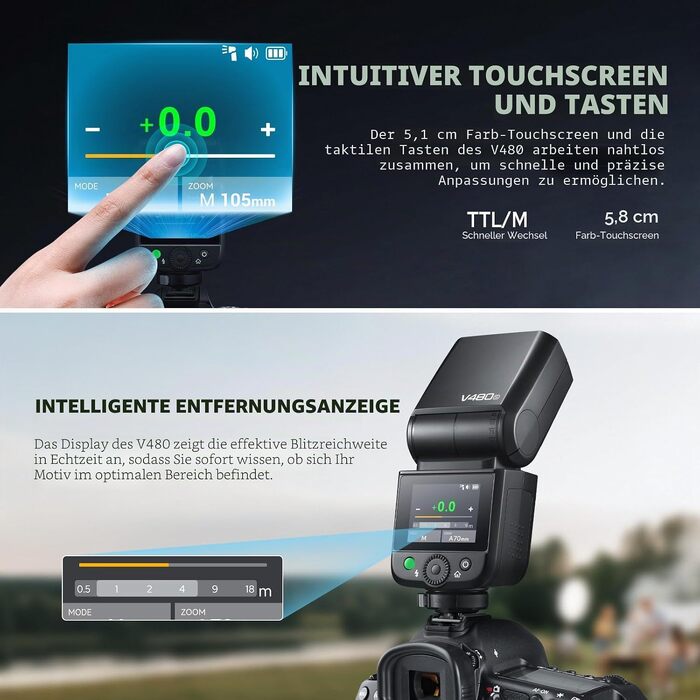 Спалах Godox V480-S для Sony: TTL, 2.4G Wireless, HSS 1/8000, GN50, з сенсорним екраном та Li-ion акумулятором