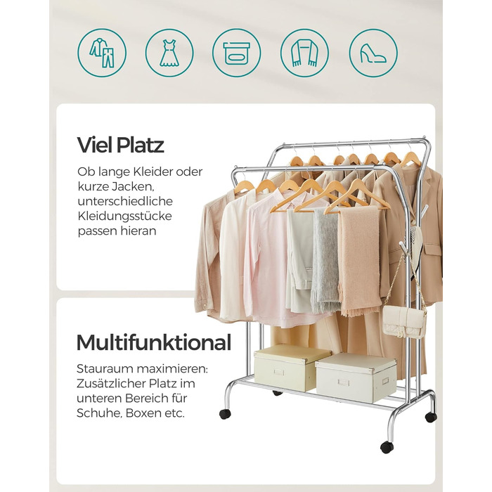 Стійка для одягу SONGMICS на колесах, 2 перекладини, срібна, до 100 кг, 103,5 см