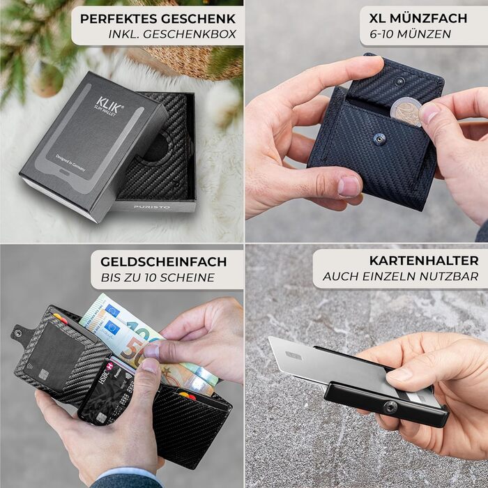 Чоловічий шкіряний гаманець PURISTO KLIK Classic Slim з відділенням для монет - тонкий, з RFID-захистом, вміщує 10-14 карт (Carbon, AirTag XL)