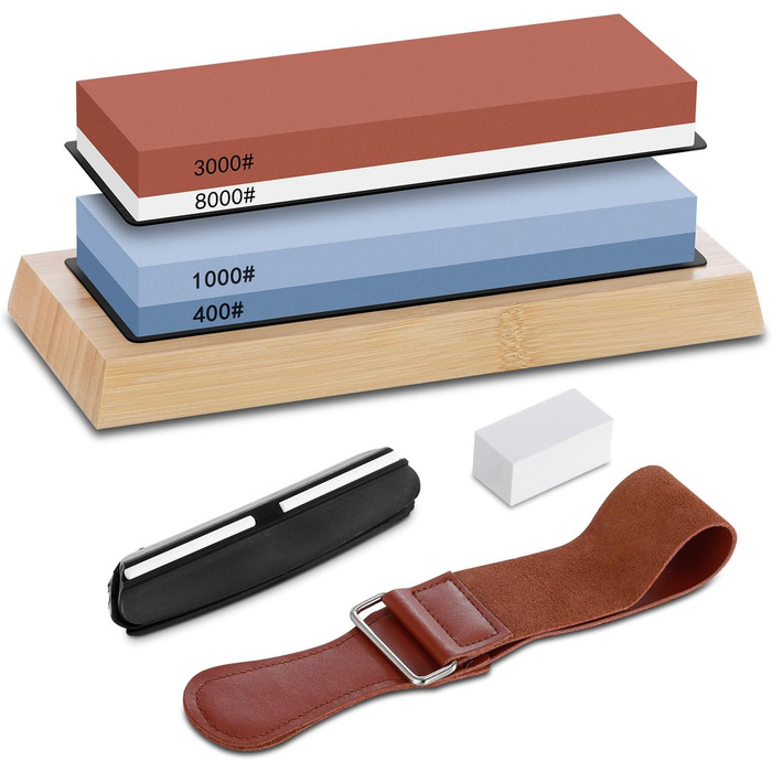 Набір для заточування ножів Aoresac: професійний шліфувальний камінь з різною зернистістю (400/1000/3000/8000) з неслизькою основою, камінь для заточування площини, кутовий шаблон, брусок для полірування. У подарунковій коробці