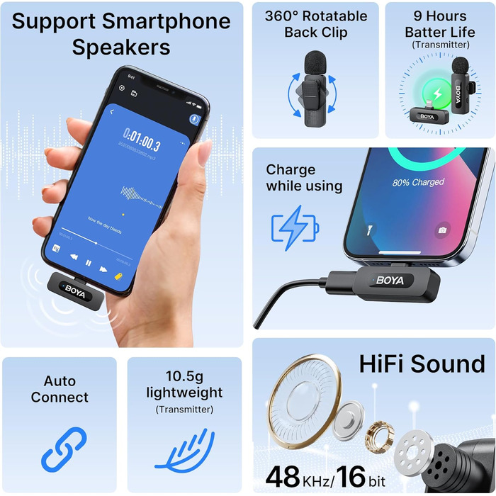 BOYA BY-V1: Бездротовий мікрофон-петличка для iPhone, Android, USB-C. Запис відео з шумозаглушенням, 48 КГц/16 біт, 9 годин роботи від акумулятора