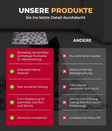 Підстилка для собак XS (45x65 см) – двостороння та зручна з наповнювачем 3 см – ідеальна для дивану, авто та переноски – лапка сірого кольору, Made in Germany 45 x 65 см, сіра лапка