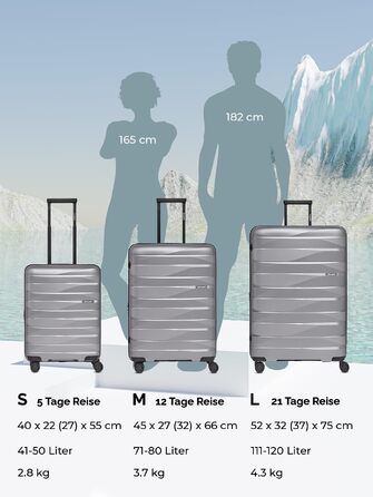 Набір легких валіз для подорожей з твердим корпусом, 3 предмети (S, M, L), Arctic Silver Metallic