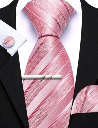 Краватка з хустинкою та запонками Barry.Wang для ділового стилю, набір у смужку та клітинку, для свят та весілля (рожеві смуги)