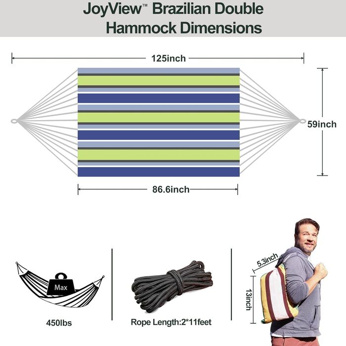 Гамак подвійний JoyView бразильський, бавовняний, 220x150 см, з мотузками для підвішування, смугастий (синьо-зелений), для тераси, саду та дому