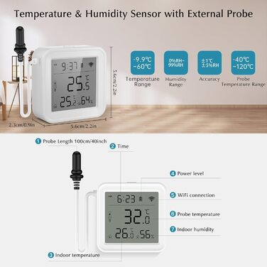 eMylo Thermometer Indoor/Outdoor, Hygrometer Wi-Fi App Alert, Data Export Freezer Aquarium Thermometer Digital for Refrigerator, Aquarium, Baby Room, Aquarium Accessories, White 5.6 * 5.6cm