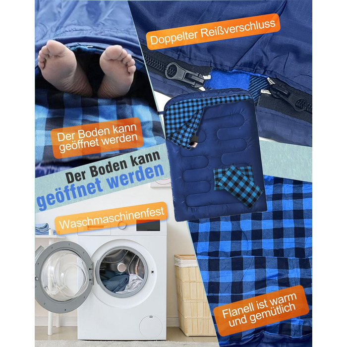 Спальний мішок для двох осіб з фланелі, 220 x 160 см, Outdoor, з двома подушками та сумкою для перенесення, блакитний