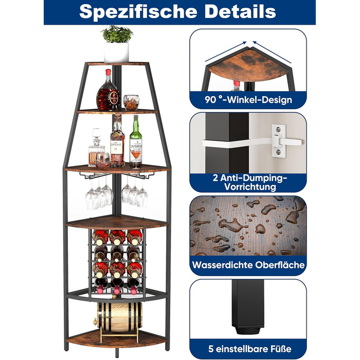 Стеллаж для вина Nisorpa на 12 пляшок, 5-ярусний кутовий, з тримачем для келихів, вінтажний коричнево-чорний