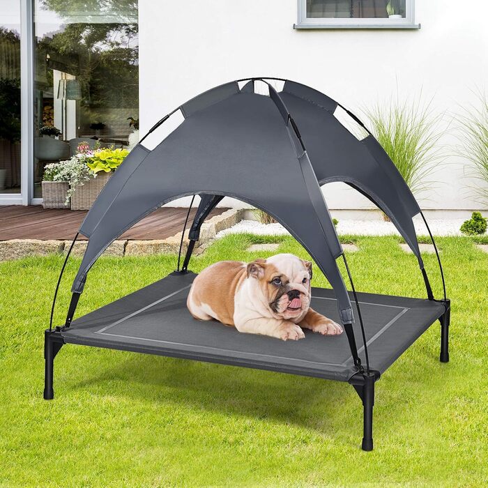 Лежанка для собак GOPLUS з дахом, піднята лежанка для тварин, лежанка для домашніх тварин з металевим каркасом, вологостійке собаче ліжко, котяче ліжко з сонцезахисним тентом, неслизькі накладки на ніжках, для використання в приміщенні та на вулиці (90x81