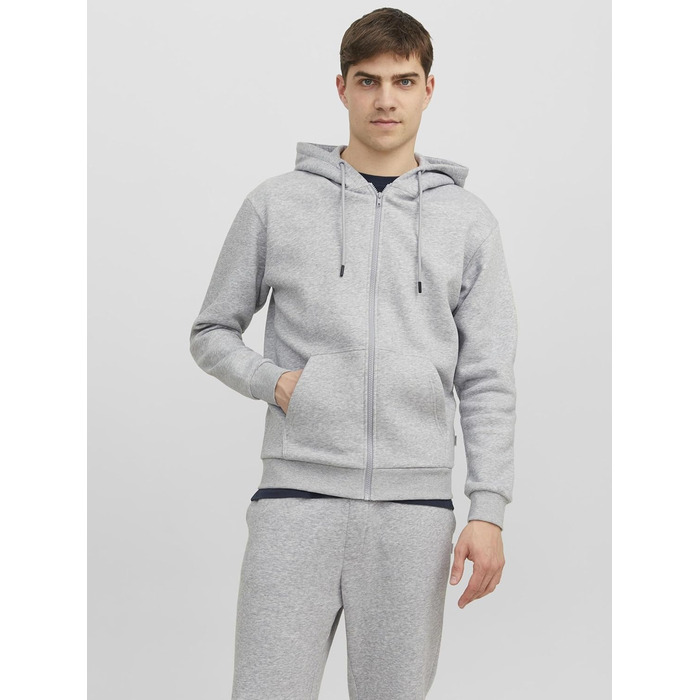 Чоловіча толстовка-худі на блискавці JACK & JONES однотонна, світло-сіра (Light Grey Melange), розмір S