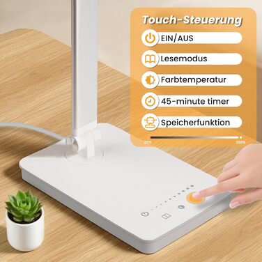 LED лампа для столу Akynite з регулюванням яскравості, USB, 2A адаптер, 5 кольорів, 10 рівнів яскравості, таймер, сенсорне управління, для дітей, білий