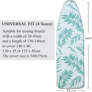 Чохол для гладильної дошки, 140 x 50 см, великий з бавовни, товстий, антиковзкий, розмір XXL (Листя, зелений)