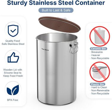 Органайзер для корму для собак 35 lbs з нержавіючої сталі з дерев'яним кришкою та ручкою з кераміки, великий контейнер для корму для собак та котів, зберігає свіжість, легко миється