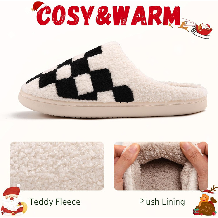 Тапочки жіночі зимові теплі, зручні, пухнасті, з візерунком шахової дошки (36/37 EU, вузька ширина)