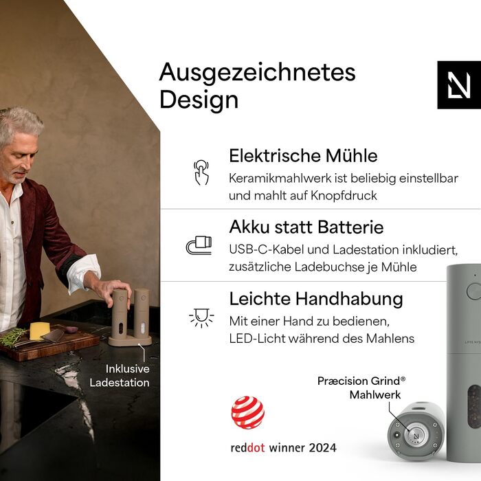 Електричні млини для солі та перцю LARS NYSØM 2 шт. з регульованою керамічною жорном (від грубого до дрібного помелу) - Чорний онікс та Сірий попіл