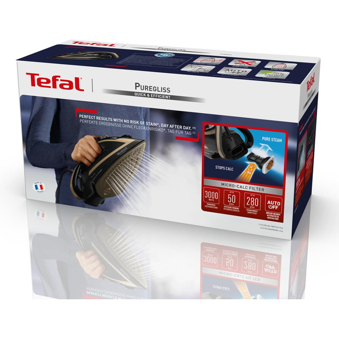 Tefal FV8064 Puregliss Steam Iron | 3000 Watts | 280 g/min Steam Boost | 0-50 g/min Variable Steam | Vertical Steam | Durilium AirGlide Autoclean Soleplate | Micro-Calc Filter | Black/Gold Black / Gold