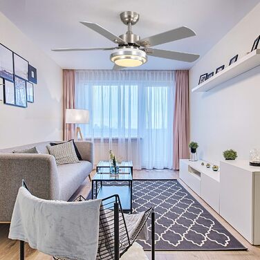 Вентилятор стельовий FINXIN з LED-лампою 132/122 см для спальні, вітальні, їдальні. 5 лопатей, Brushed Nickel, з пультом керування