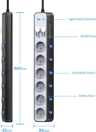 BESTEK Розподільник розеток 6-fach з USB, захист від перенапруги 900 Дж, настінний, з вимикачем, синьо-білий, кабель 3 м