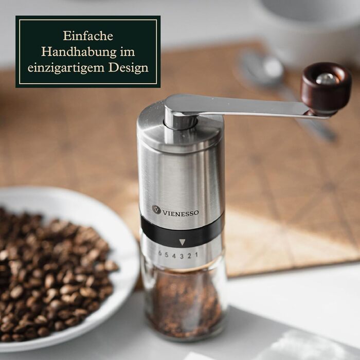 VIENESSA Coffee Grinder Manual/Hand with Ceramic Burr | manual coffee and espresso grinder with 6 grind settings | hand coffee grinder made of stainless steel and glass container + E-Book (silver)