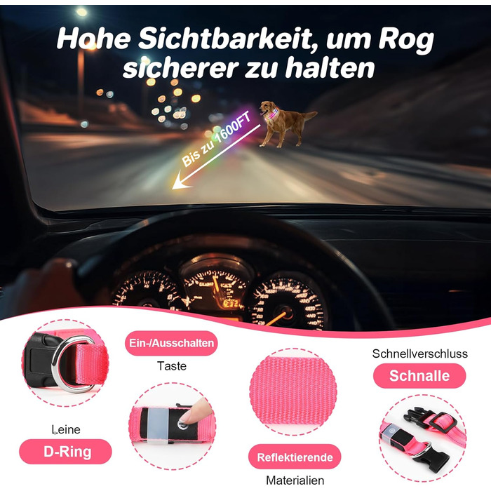 Світлодіодне нашийник для собак Feycig - USB, водонепроникний, 3 режими, регульований, для малих, середніх та великих собак (Рожевий, L(48-60см))