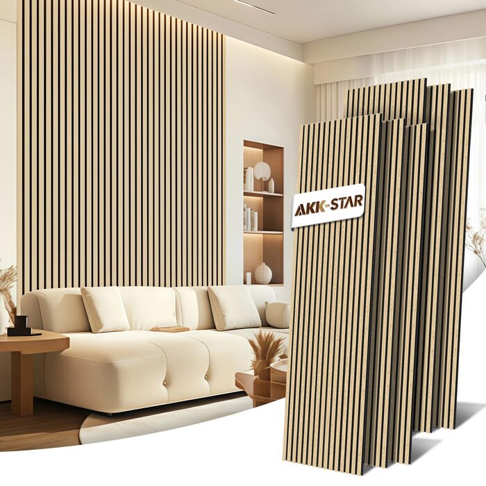 Акустичні стенові панелі AKK-STAR з дерева (набір 6 шт), 1200x600x18 мм, колір Класичний дуб — 3D панелі для шумоізоляції та декору вітальні та офісу