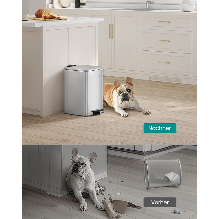 Відро для сміття SONGMICS 20 л з педаллю, сталеве, з внутрішнім відром, Soft-Close, металік срібло
