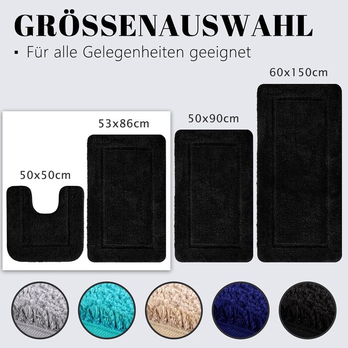 SOANNY Bath Mat Set - 2 Pack Microfiber Bathroom Rugs - Non-Slip, Water Absorbent - 53x86 cm & 50x50 cm - Black