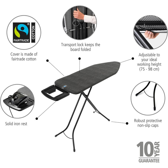 Гладильна дошка Brabantia Bügelbrett C XL для праски з парою, регульована висота, для правші та лівші, міцна металева рама, 124 x 45 см, Denim Black