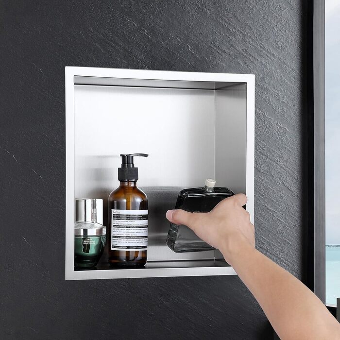 KINKIBOS Wall Niche Shower Stainless Steel, No Tiles Required, Recessed Shower Niche 30 x 30 x 10 cm, Shower Niche Single Shelf Storage