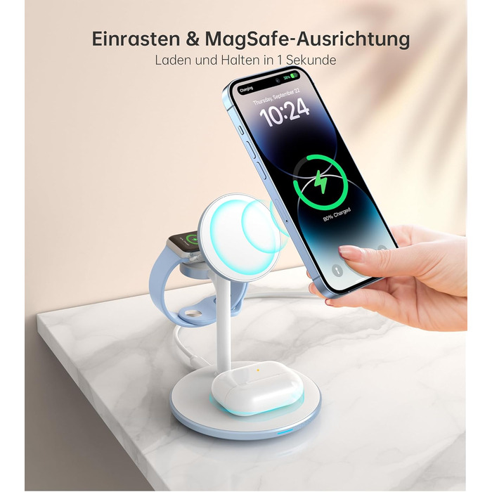 База для бездротової зарядки 3-в-1: iPhone, iWatch, AirPods, 15W, MagSafe, фіолетовий (світло-блакитний)