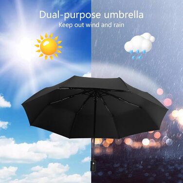 Чорний автоматичний парасолька-тростина з 8 спиць, стійкий до вітру, з UV захистом, легкий та міцний