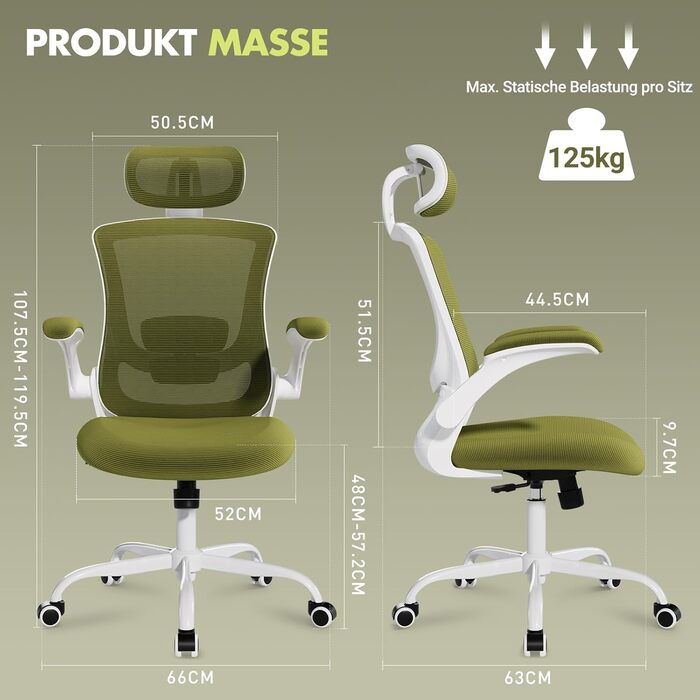 Офісне крісло Colamy з ергономічною підтримкою спини, регульованою підголівником та поперековою підтримкою, поворотне, (Зелений, Classic)