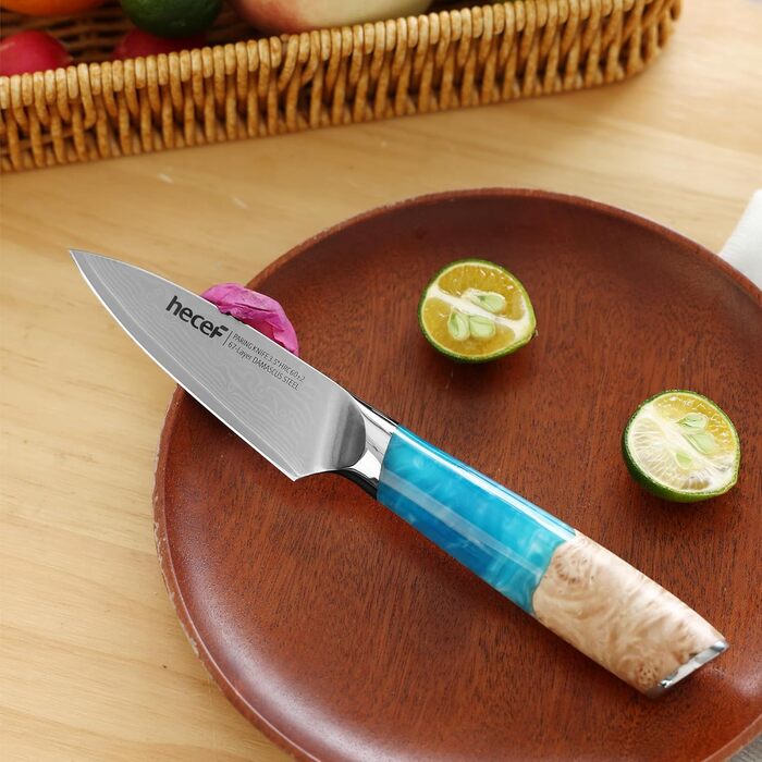 Японський кухонний ніж Hecef Damast з ручкою з харчової смоли, 20 см, 67 шарів дамаської сталі, з захистом для ножа, професійний ніж для кухаря, подарунок шеф-кухарю