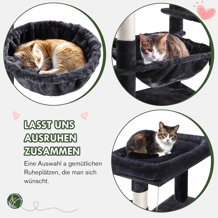 Кігтеточка MUTICOR велика, 206 см, багатоповерхова, велике будиночок для котів/кігтеточка для квартирних котів, плюшеві лежанки, гамак-корзина, широка база (темно-сірий)