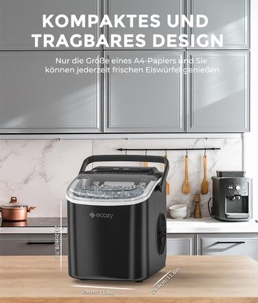 Машина для льоду Ecozy - компактна, самоочисна, 2 розміри кубиків, 9 кубиків за 6 хвилин, 12 кг/24 год, лопатка та кошик для кухні, офісу, бару, вечірки