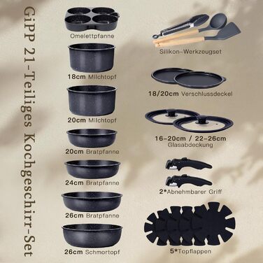 Набір посуду GiPP 21 предмет: сковороди та каструлі з антипригарним покриттям, для всіх типів плит, чорний