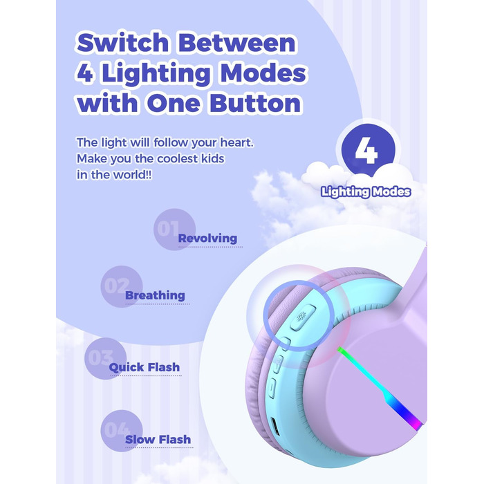 iClever Бездротові навушники для дітей з LED-підсвічуванням, Over-Ear, Bluetooth 5.2, мікрофон, BTH12, фіолетовий