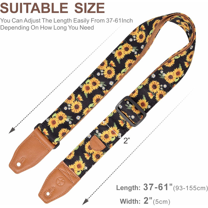 Гітарний ремінь 5,1 см з бавовняним друком, квітковий принт, з повним шкіряним кінцем, для бас-гітари, електро- та акустичної гітари, безкоштовна кнопка для ременя, фіксатори для ременя та медіатори. Жовті ромашки