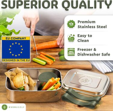 Everusely Bento Box: ланчбокс з нержавіючої сталі, 0,8 л, з контейнером для спецій та органайзером для перекусів (3 відділення)