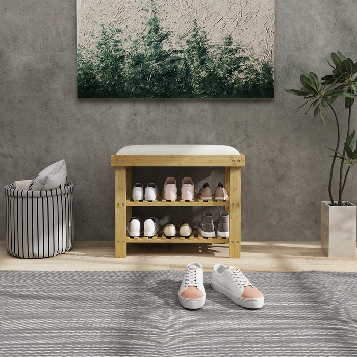 HOMCOM Shoe Cabinet with Seat, Bamboo Bench with Storage, Shoe Rack with 2 Open Compartments, Bench, Bank, Coat Room Bench for Living Room, Hallway, 60 x 29 x 49 cm Cream White | Aosom