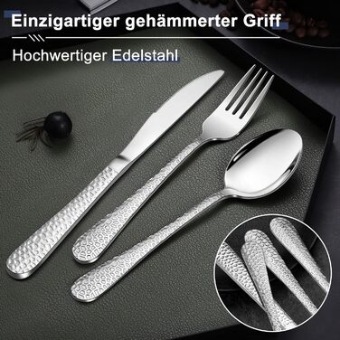 Набір столових приборів HaWare, 72 шт. з нержавіючої сталі (12 осіб), з ножем, виделкою, ложкою, сучасна ручка 'молоток', для дому/вечірки/готелю/ресторану, блискучий, придатний для миття в посудомийній машині. Включає ніж для стейку.