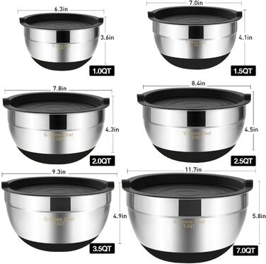 Umiten Mixing Bowls with Airtight Lids, 6-Piece Stainless Steel Metal Bowls Chef, Measuring Markings Durable Quality Size 7, 3.5, 2.5, 2.0, 1.5, 1QT, ideal for Mixing and Serving (Black)