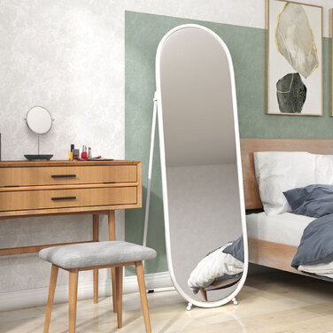 HOMCOM Full Length Mirror, 160 x 40 cm Wall Mirror with Stand, Metal Frame, Oval Standing Mirror for Living Room, Bedroom, White | Aosom